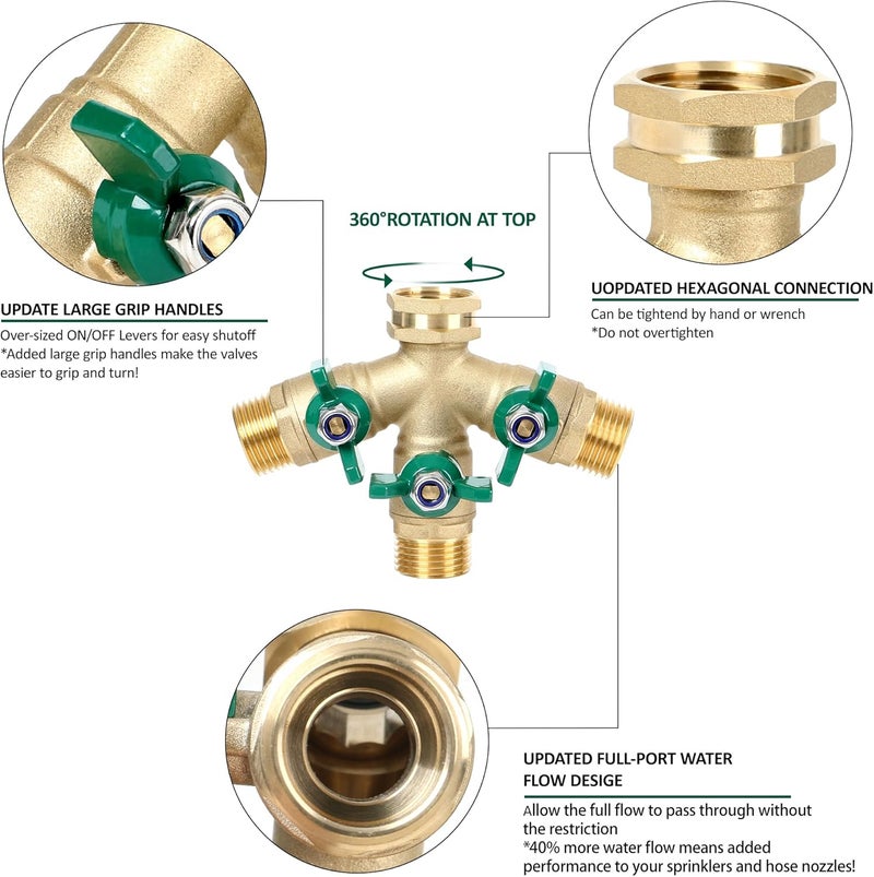 STYDDI Full Flow 3-Way Garden Hose Splitter, Solid Brass High Volume 3 Way Hose Splitter Valve with Metal Handle, Heavy Duty High Flow Spigot Splitter with Shut off Valve, 3/4 Inch Garden Tap Splitter - Image 4